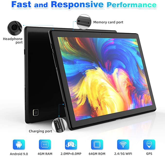 Android Tablet 10 Inch, 1080p Full HD Display, 1920x1200 IPS Touchscreen, Octa-Core Processor, 4GB RAM, 64GB Storage, 128GB Expand, 5G/2.4G WiFi, 8MP+2MP Camera, GPS, Bluetooth 5.0, FM, Metal Body