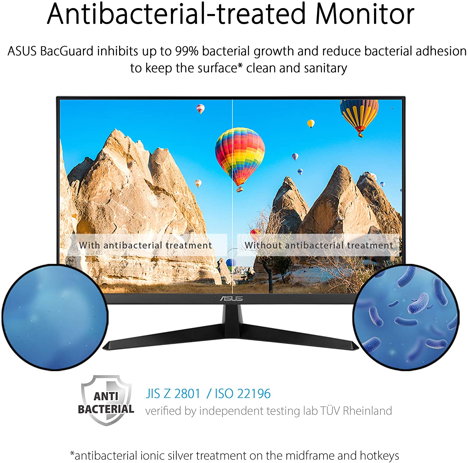 ASUS VY279HE 27” Eye Care Monitor, 1080P Full HD, 75Hz, IPS, 1ms, Adaptive-Sync/FreeSync, Eye Care Plus, Color Augmentation, Antibacterial Surface, HDMI VGA, Frameless, VESA Wall Mountable, Black